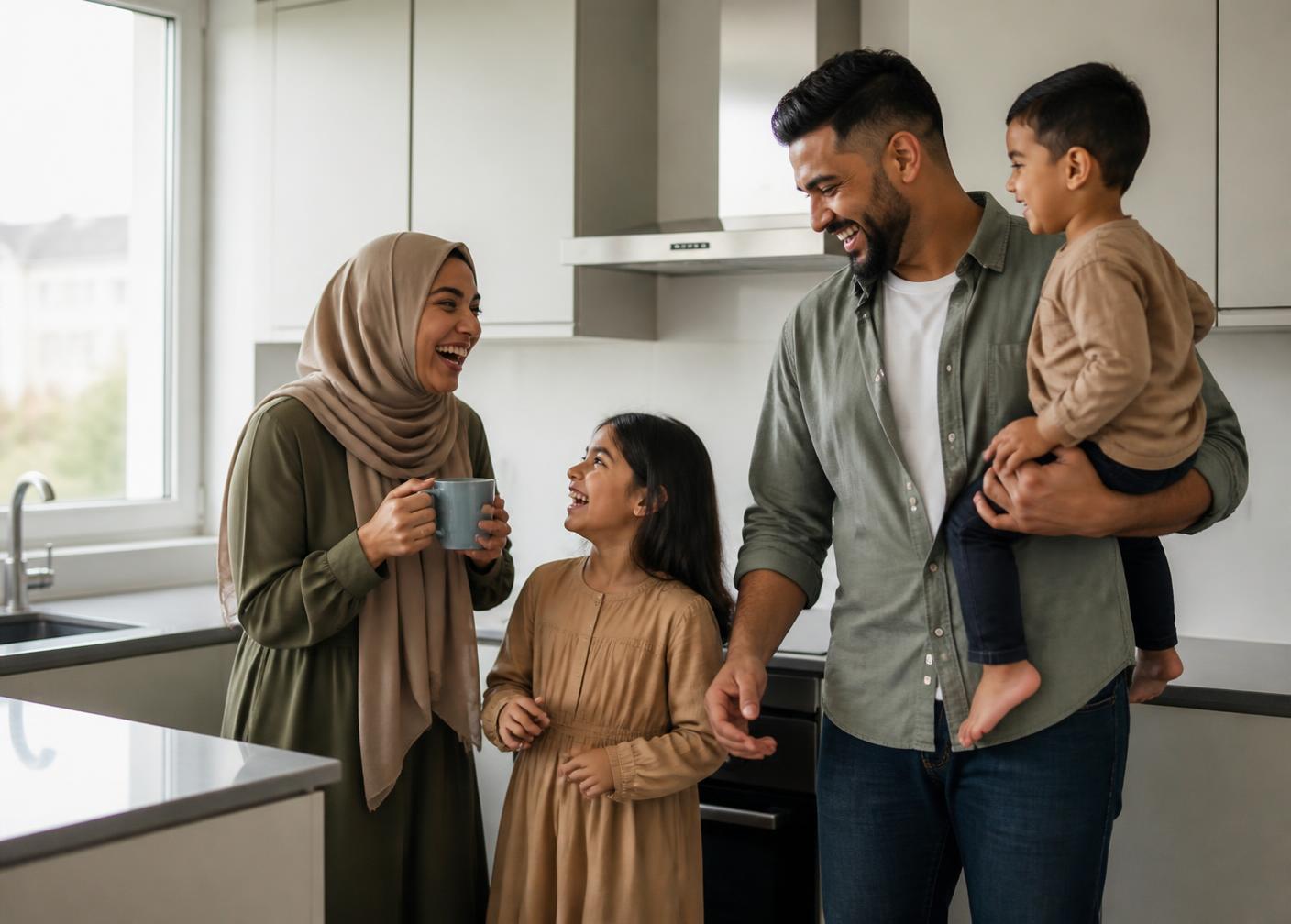 A family laughing together in the kitchen of their new home