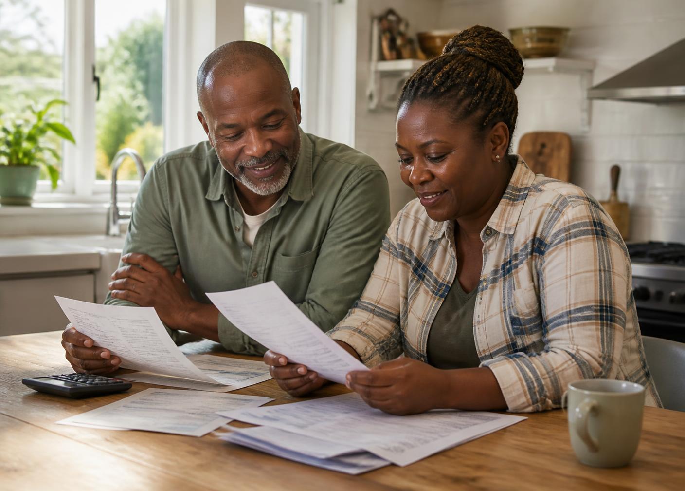 A couple reviewing mortgage paperwork together at their kitchen table